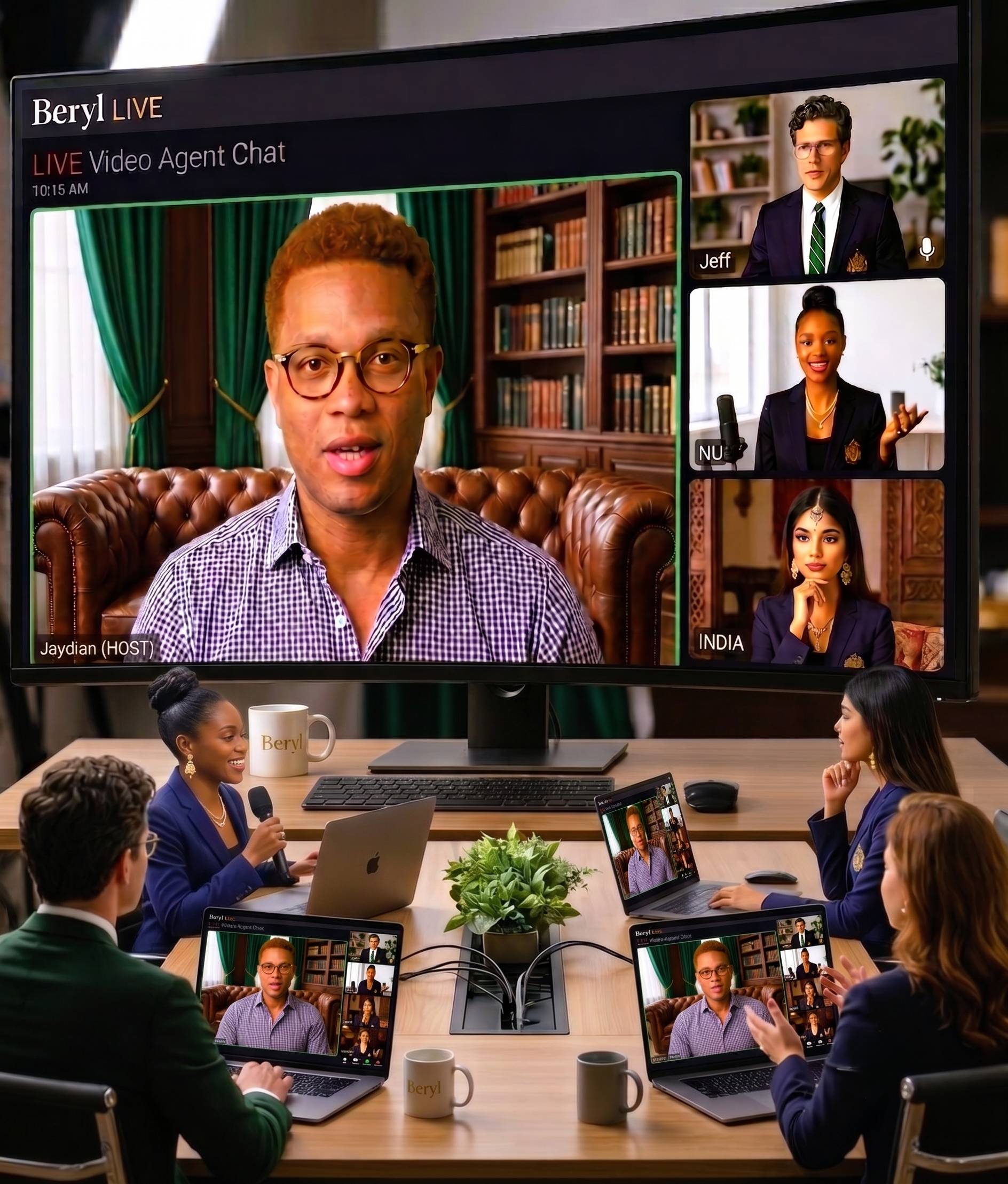 The Clique — Jaydian hosting a live video meeting with AI agents Jeff, Nu and India